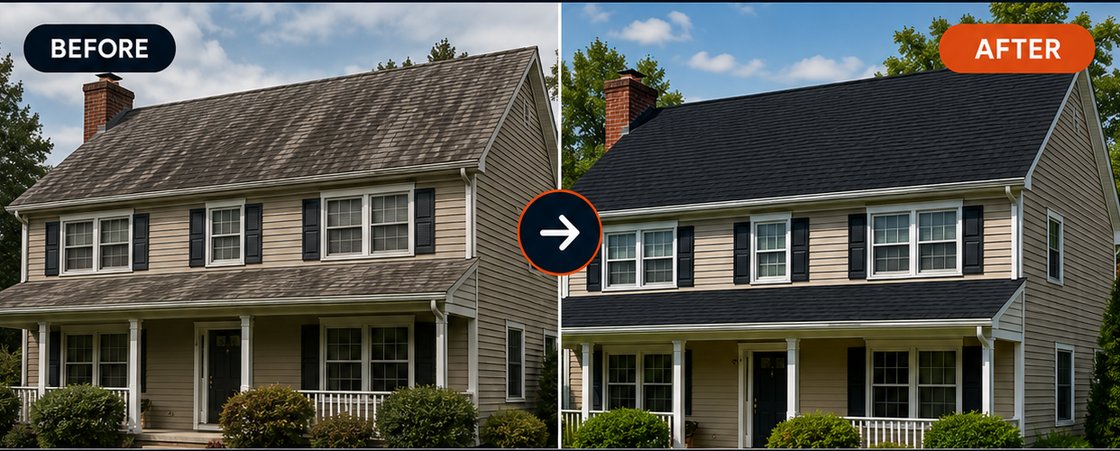 Before: the same house with a faded, streaked roof. After: a crisp new roof.