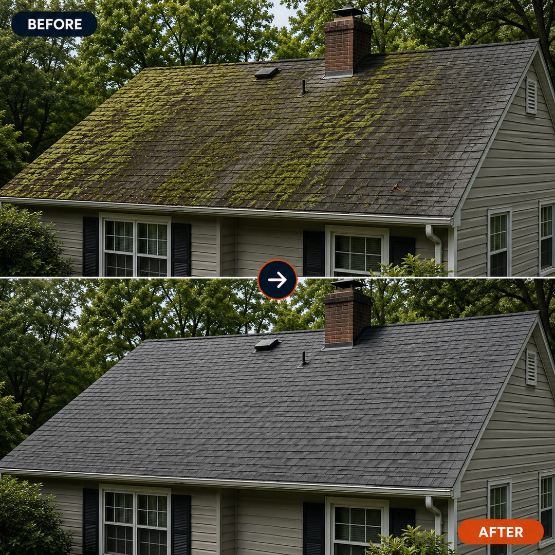 Before: heavy moss and algae covering the roof. After: a clean, renewed roof.