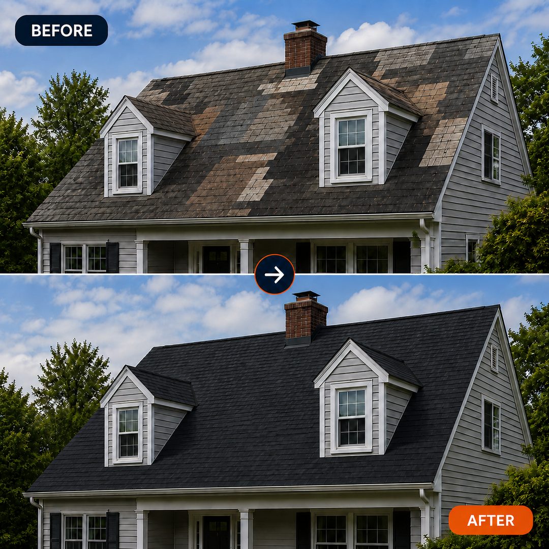 Before: mismatched patchwork shingle repairs. After: one clean, uniform roof.